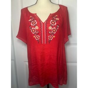 Fyve‎ Red Floral Embroidered Tunic Top Size L Womens Short Sleeve Blouse